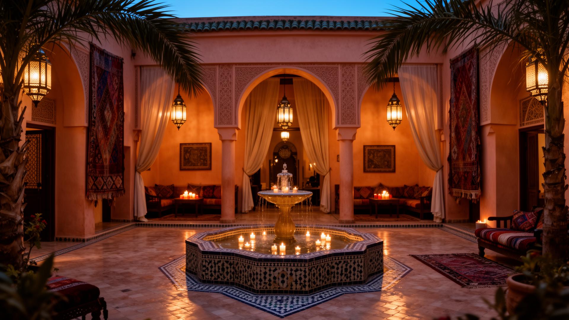 Lantern-lit courtyard of a Marrakech riad at dusk
